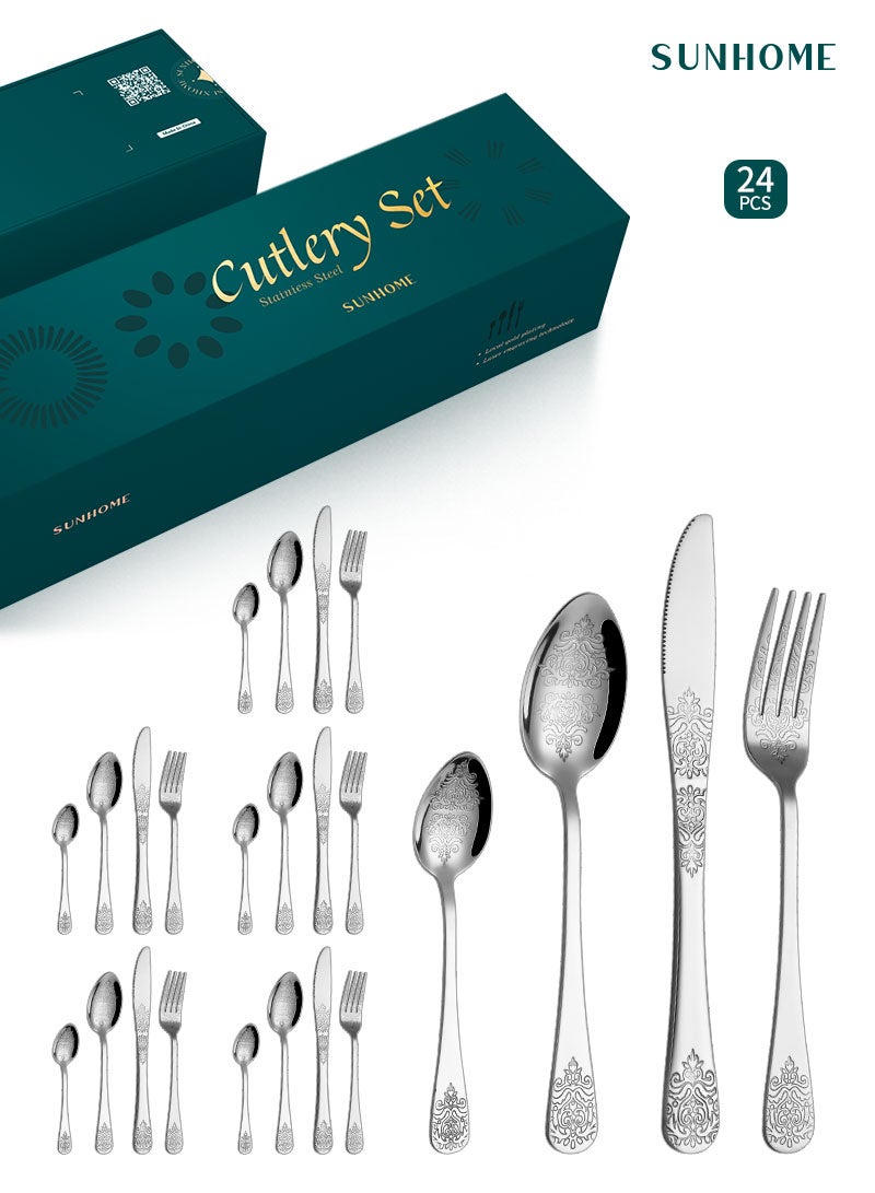 SUNHOME 24-Piece Stainless Steel Cutlery Set Silver, Elegant Floral Embossed Flatware Set for 6 Person, Mirror Polished Food Grade Tableware, Ideal for Home Kitchen, Party and Eid Gift - Image 1